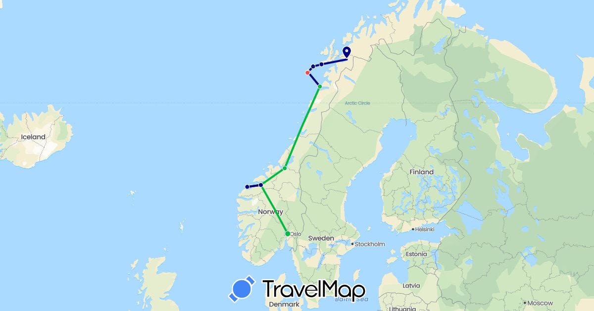 TravelMap itinerary: driving, bus, hiking in Norway (Europe)
